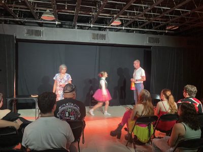 Olivia Kennedy, Soph Siegel, and Chuck Roberson in the all-White cast production of Bobby Lee Blood at the 2024 Orlando Fringe Festival.