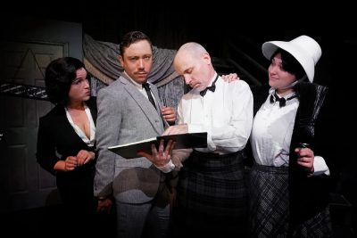 The cast of The 39 Steps: Kayleigh Mollycock, Gabriel Garcia, Kevin S. McCaughlin, Maren Ping at the Titusville Playhouse.